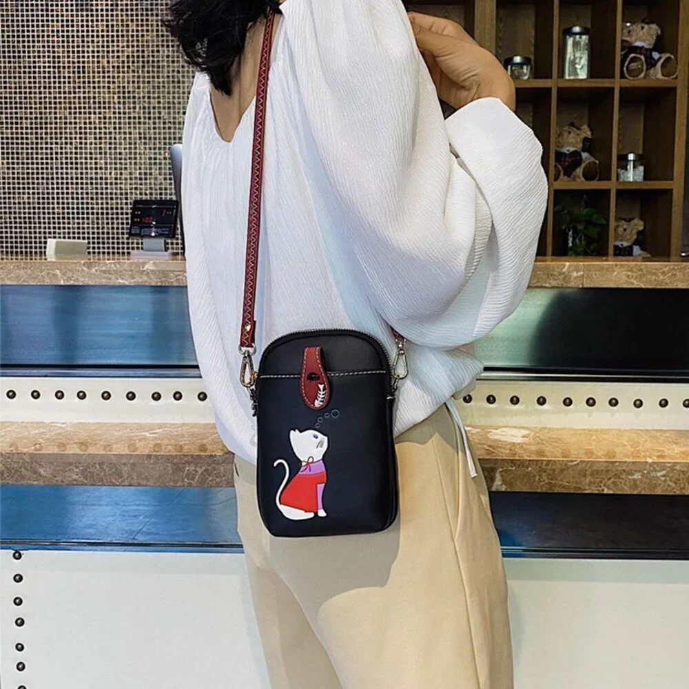 Leather Small Crossbody Bag for Women Cute Cat Design Lightweight Phone Purse